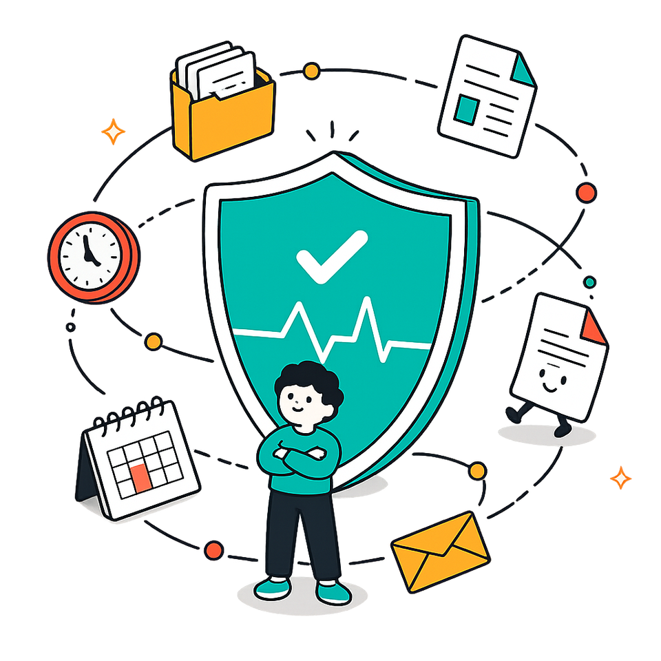 Compliance shield with person, calendar, mail and document icons